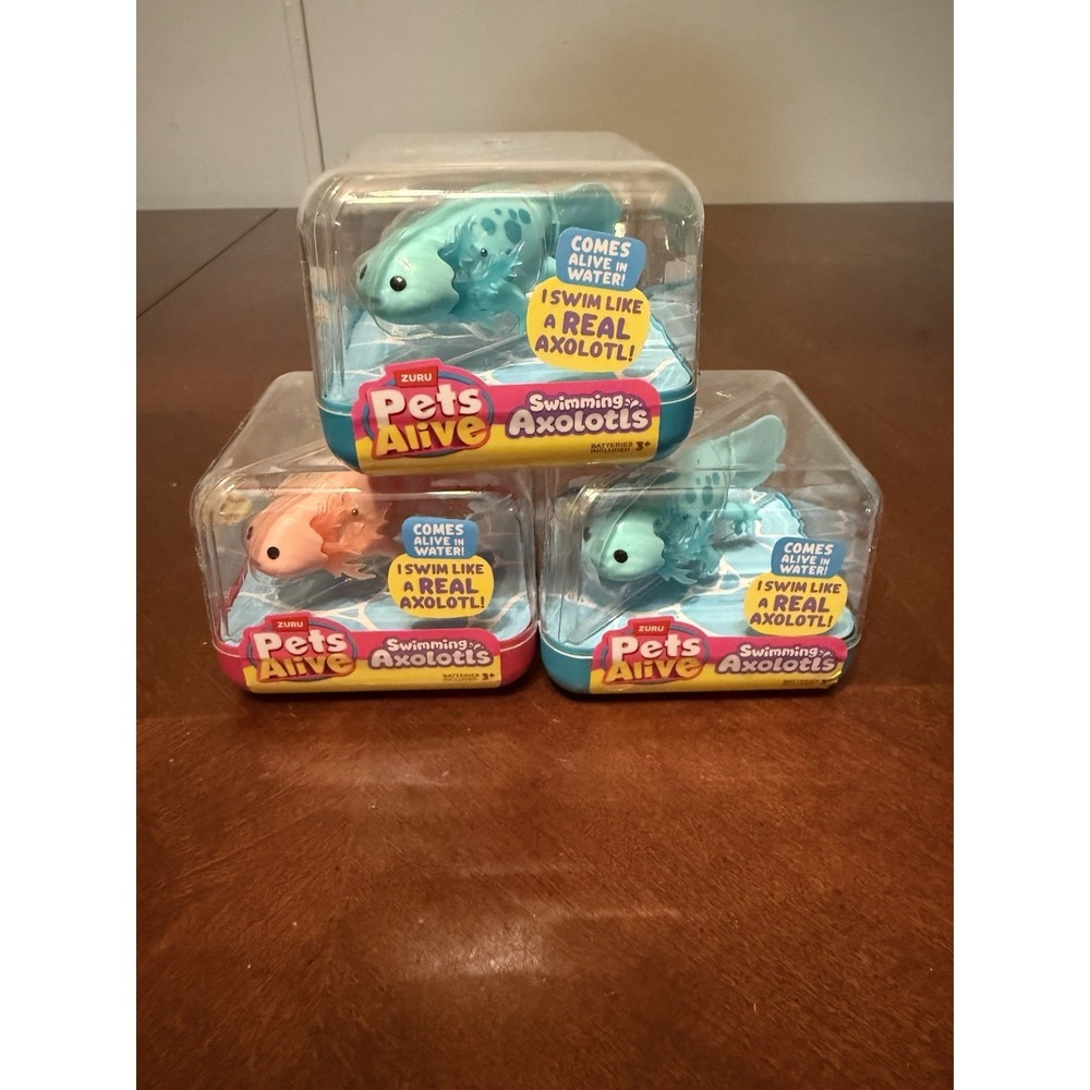 Lot of 3 ZURU Pets Alive Swimming Axolotl Toys Comes Alive In‎ Water